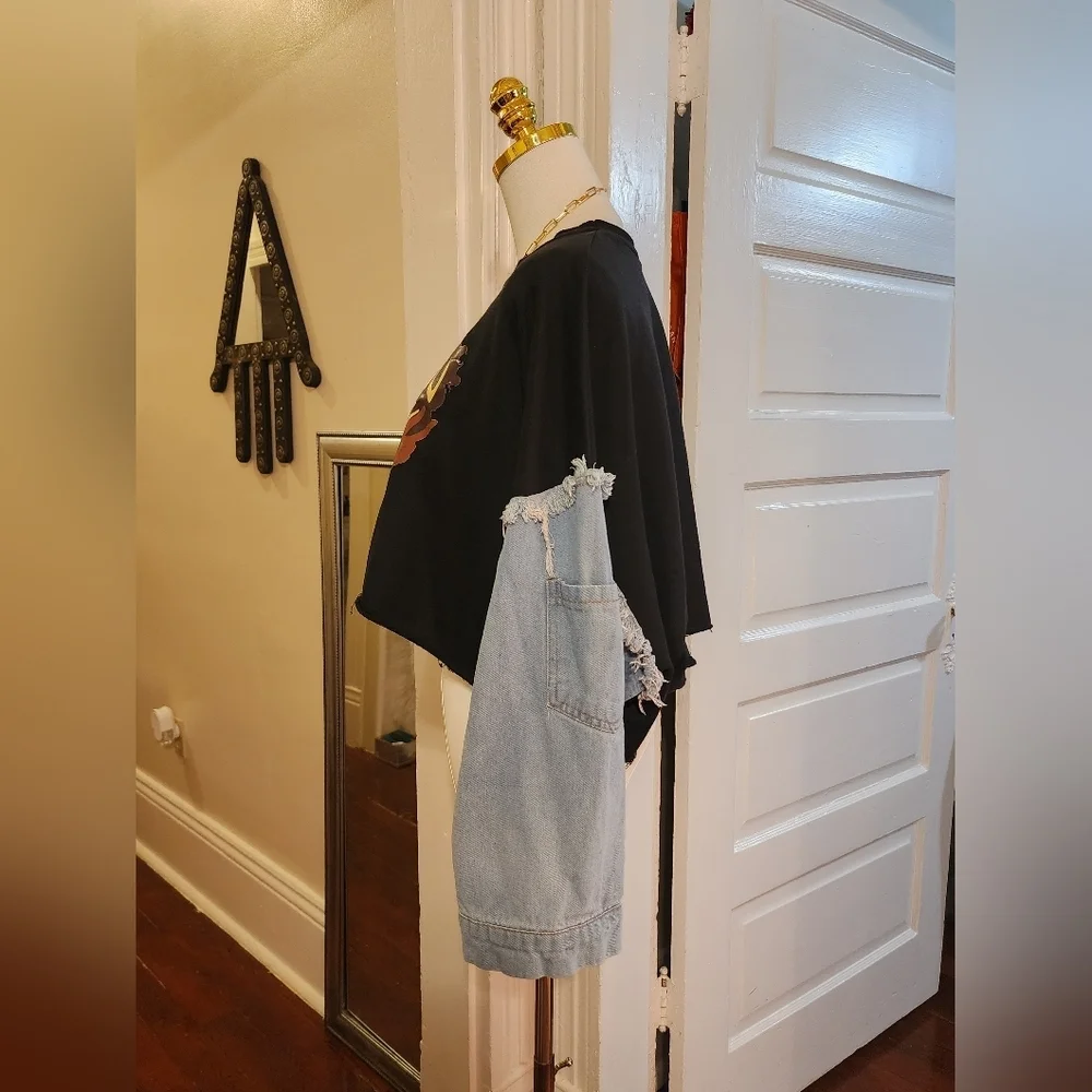 JW&NW Black Graphic Crop Top with Denim Sleeves Upcycle OOAK, Size Large - Picture 5 of 8